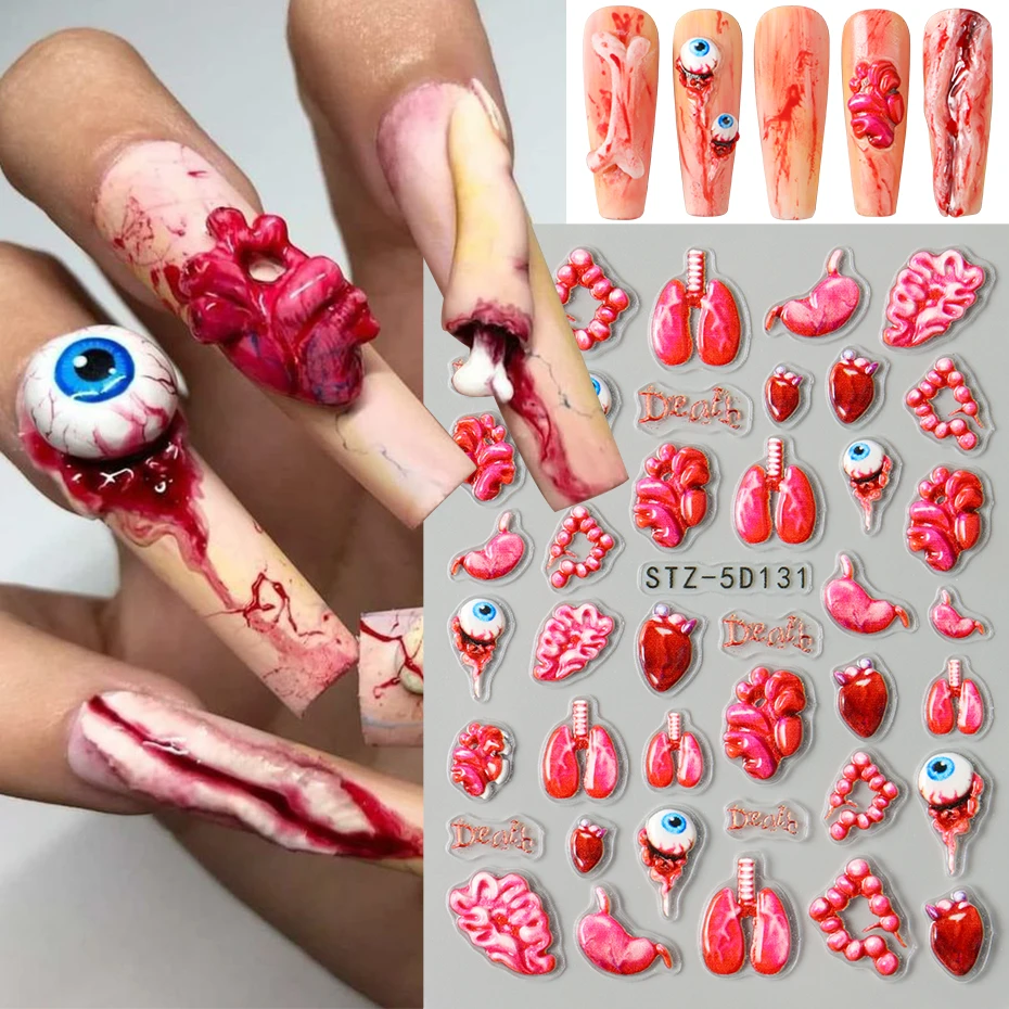 2 stücke 5D Envy Eye Halloween Nail art Aufkleber Herz Lunge Rot Farben Terror Design Sliders Maniküre Klebstoff Nail art Dekoration