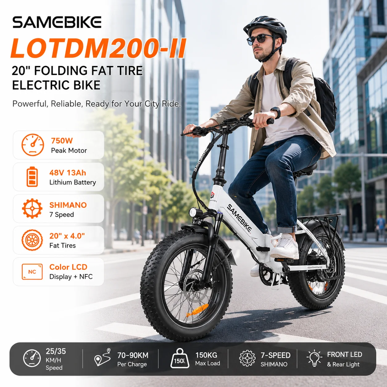 

NFC Electric BikeSAMEBIKE LOTDM200-II 750W Folding Electric Bike 48V 13Ah Battery 20”x4.0” Fat Tire Shimano 7-Speed E-Bike Adult