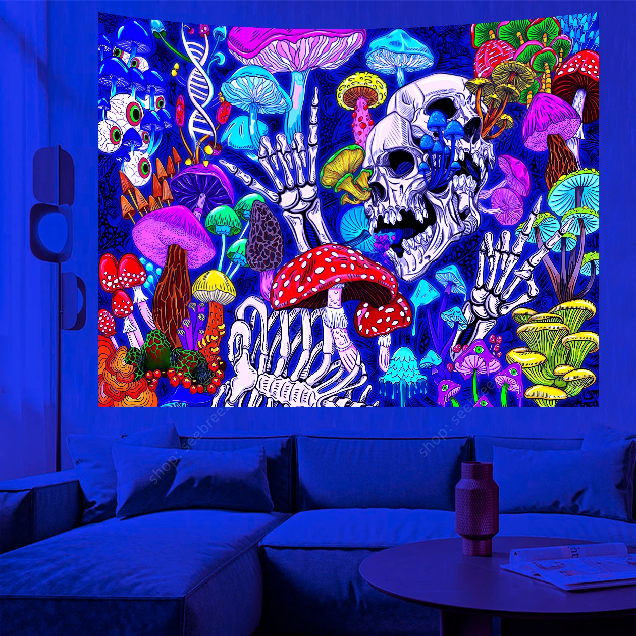 

Hippie Psychedelic Cartoon of Mushrooms and Skeletons Tapestry Skull Separation Vibrant Colors Art Bedroom Aesthetic Home Decor