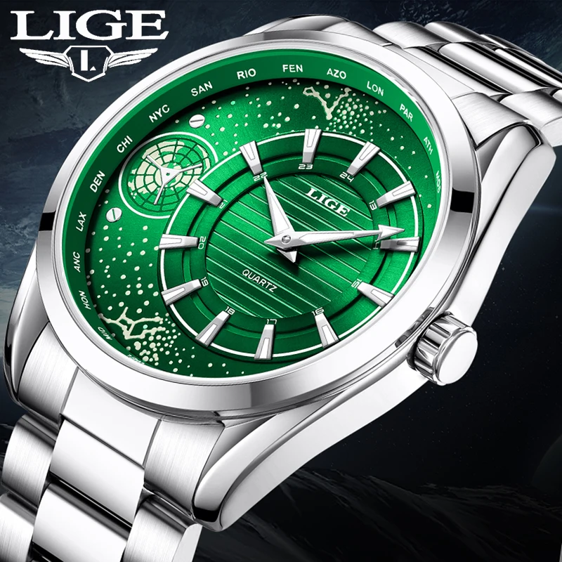 

LIGE Luxury Men Watch Waterproof Stainless Steel Green Earth Dashboard Dial Watch Men Luminous Chronograph Quartz Wristwatches