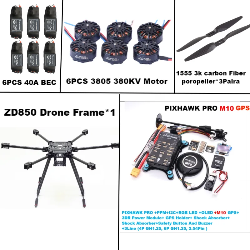 

ZD850 PIXHAWK PRO M10 Full Carbon Fiber 850mm Hexa-Rotor Frame BLHELI 40A ESC Flight Comtrol Rado Telemetry Set