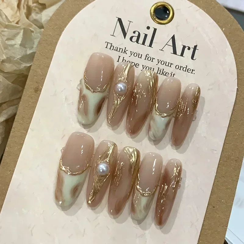 10pcs detachable handmade artificial nails Maillard press on acrylic nails almond brown coffee ballet false nail for fall winter