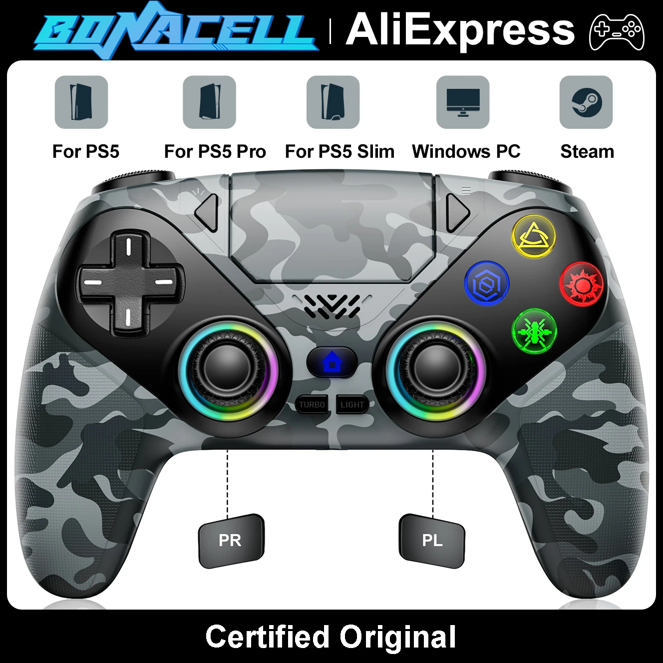 

RGB Light Wireless Controller for PS5/PlayStation 5 Pro/Slim PC Gamepads Marco/Turbo Hall Effect Trigger Remote Control Joystick