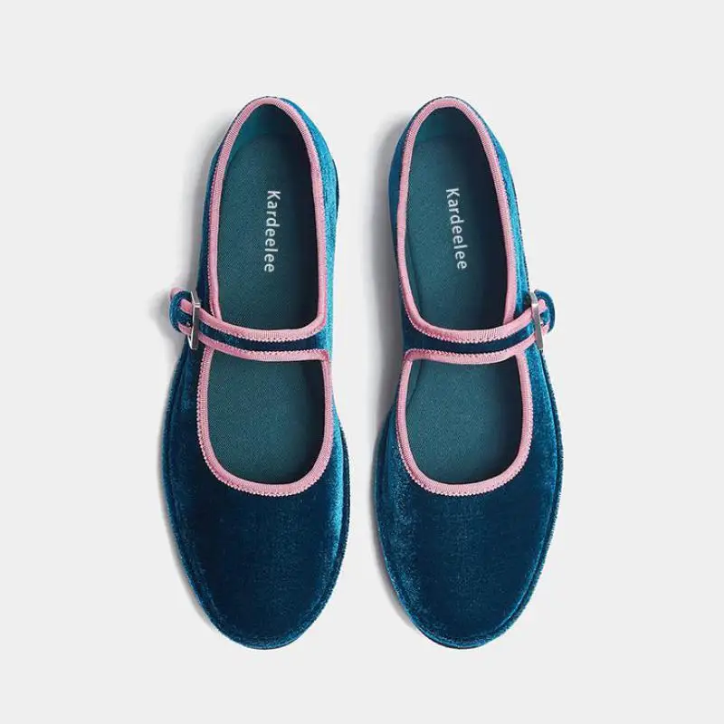 Damskie buty na płaskim obcasie Vintage aksamitna okrągła główka z płytkimi ustami klamra paska płaska podeszwa Casual Comfort Mary Jane pojedyncze