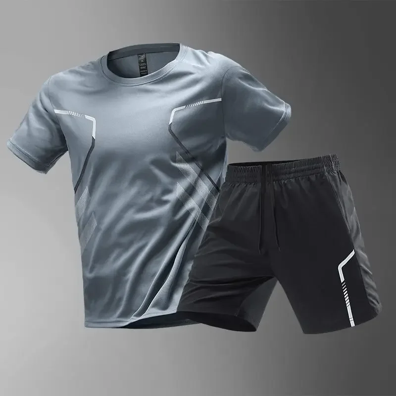 

Summer Men Sets New Quick Dry Breathable Gym Clothing Training Short Sleeve Tops Shorts Suit Outdoor Daily Leisure Two-Piece Set