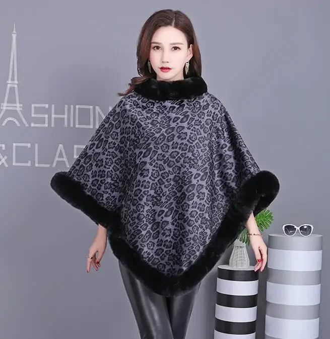 2024 Winter Warm O Neck Faux Kaninchen Fell Dicken Mantel Frauen Leopard Print Schal Capes Plüsch Poncho Plus Größe Samt Pullover mantel