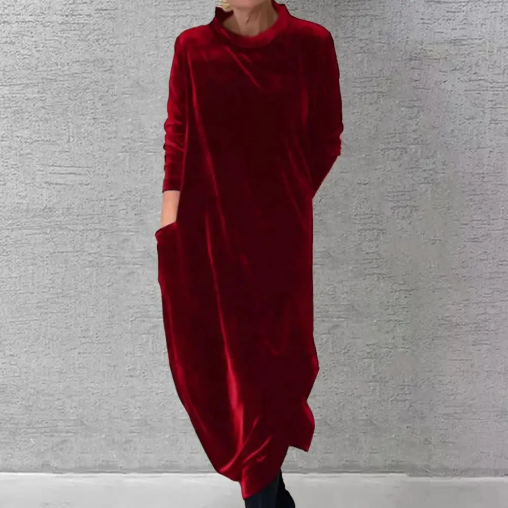 Women Dress Round Neck Loose Long Sleeve Dress Soft Pullover Warm Mid-calf Length Lady Midi Dress