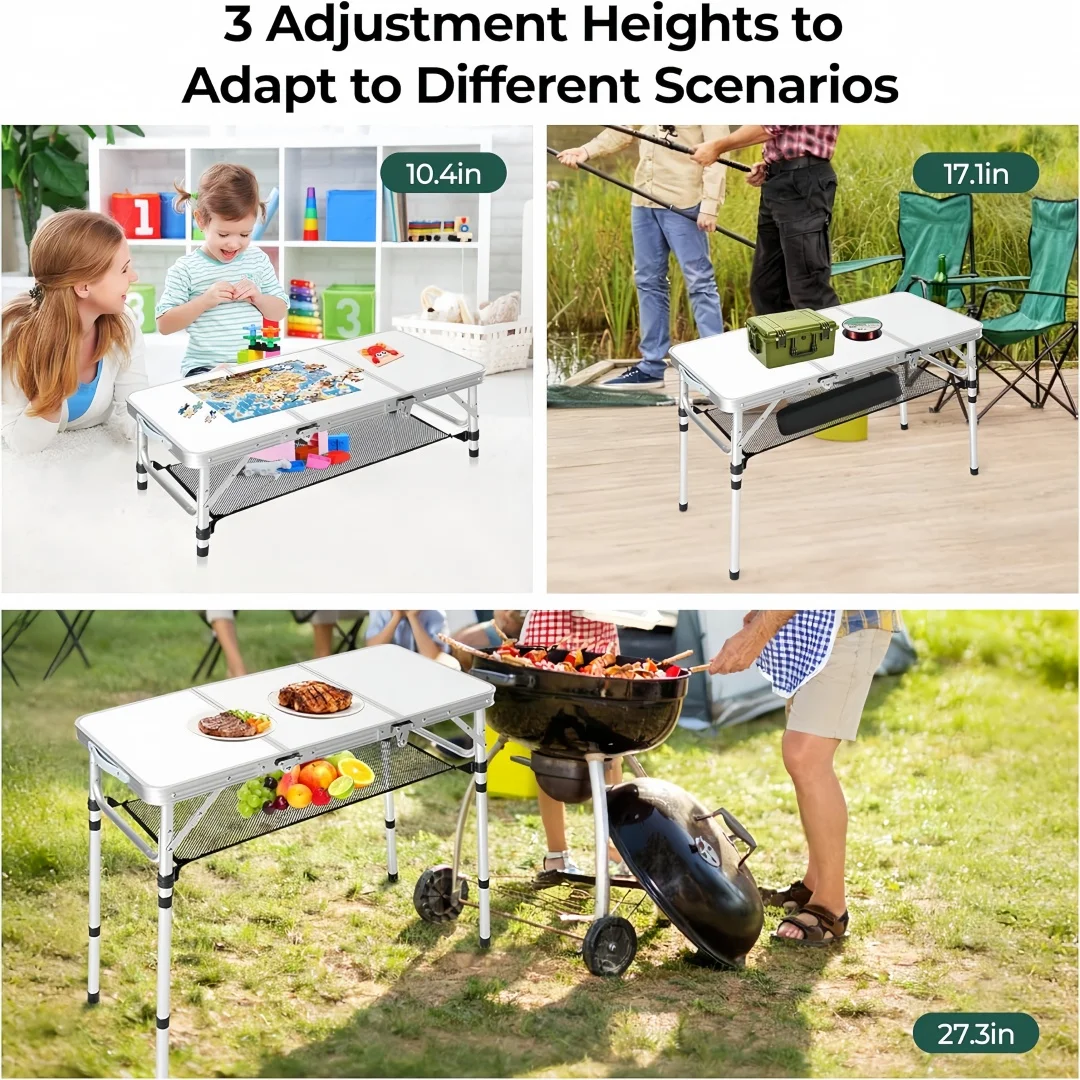 Folding Camping Table With Storage Net 3ft Aluminum Folding Table With 3 Adjustable Height Max 27 Inch For Outdoor Backyard BBQ