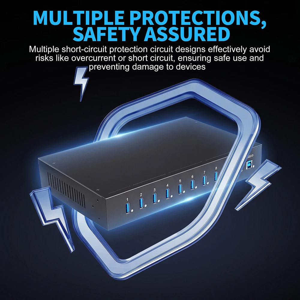 Powered 10 Port USB 3.0 Hub Fast Charging Station with 22A Power Supply