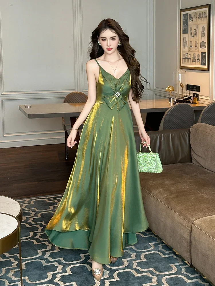 Chic Stylish Sexy Dress 2024 Summer French V-Neck Butterfly Knot Irregular Hem Green Bodycon Long Dresses for Women vestidos