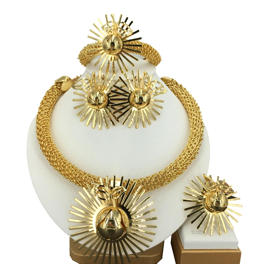 

New Trendy Brazilian Gold Plated Jewelry Set African Queen Big Pendant Necklace Simple Style Party Accessories FHK14212