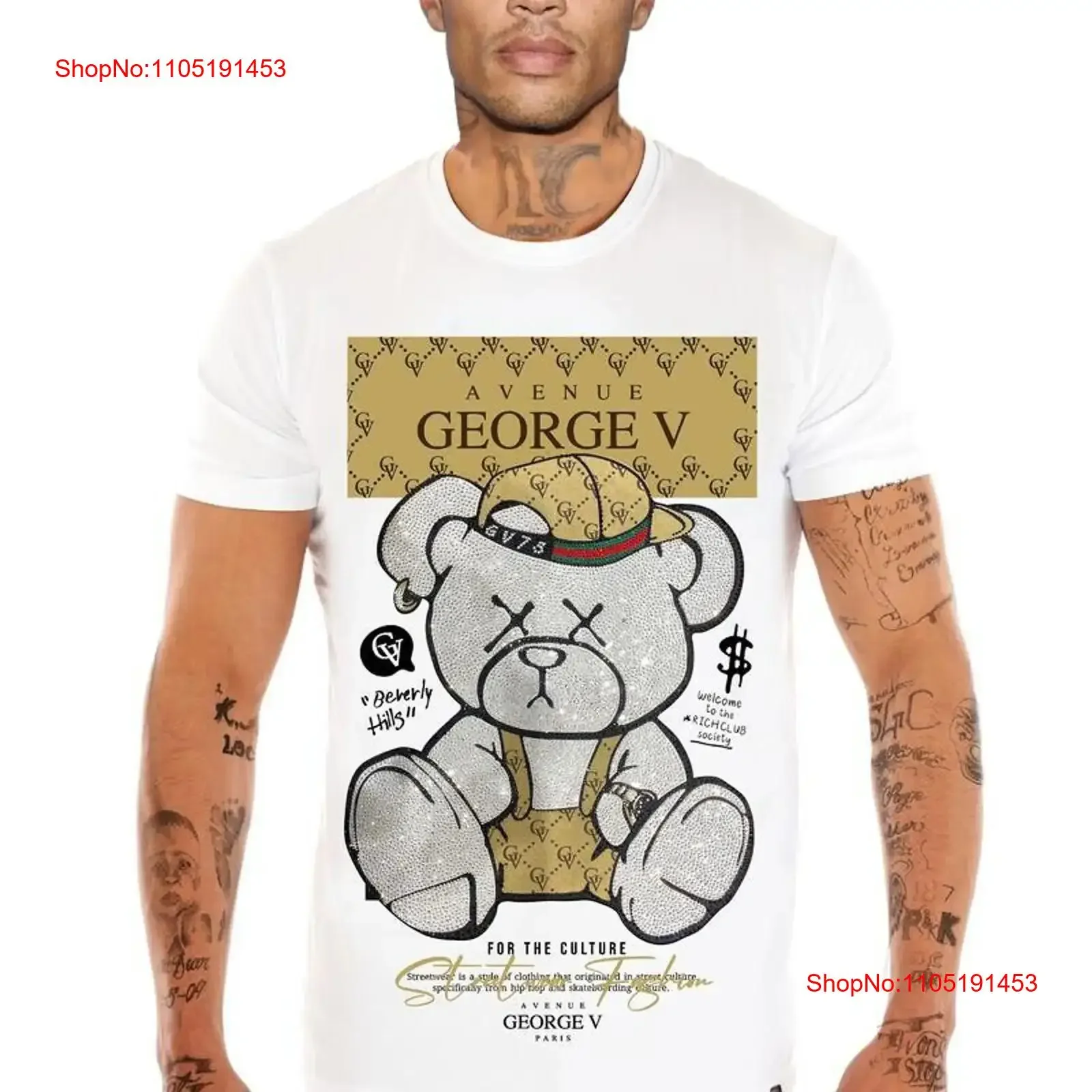 CAMISETA GEORGE V BLANCA CON RHINESTONES PLATA DE ALTA CALIDAD DE PARIS vintage Ropa de diseñador lavada Ropa de calle unisex suave