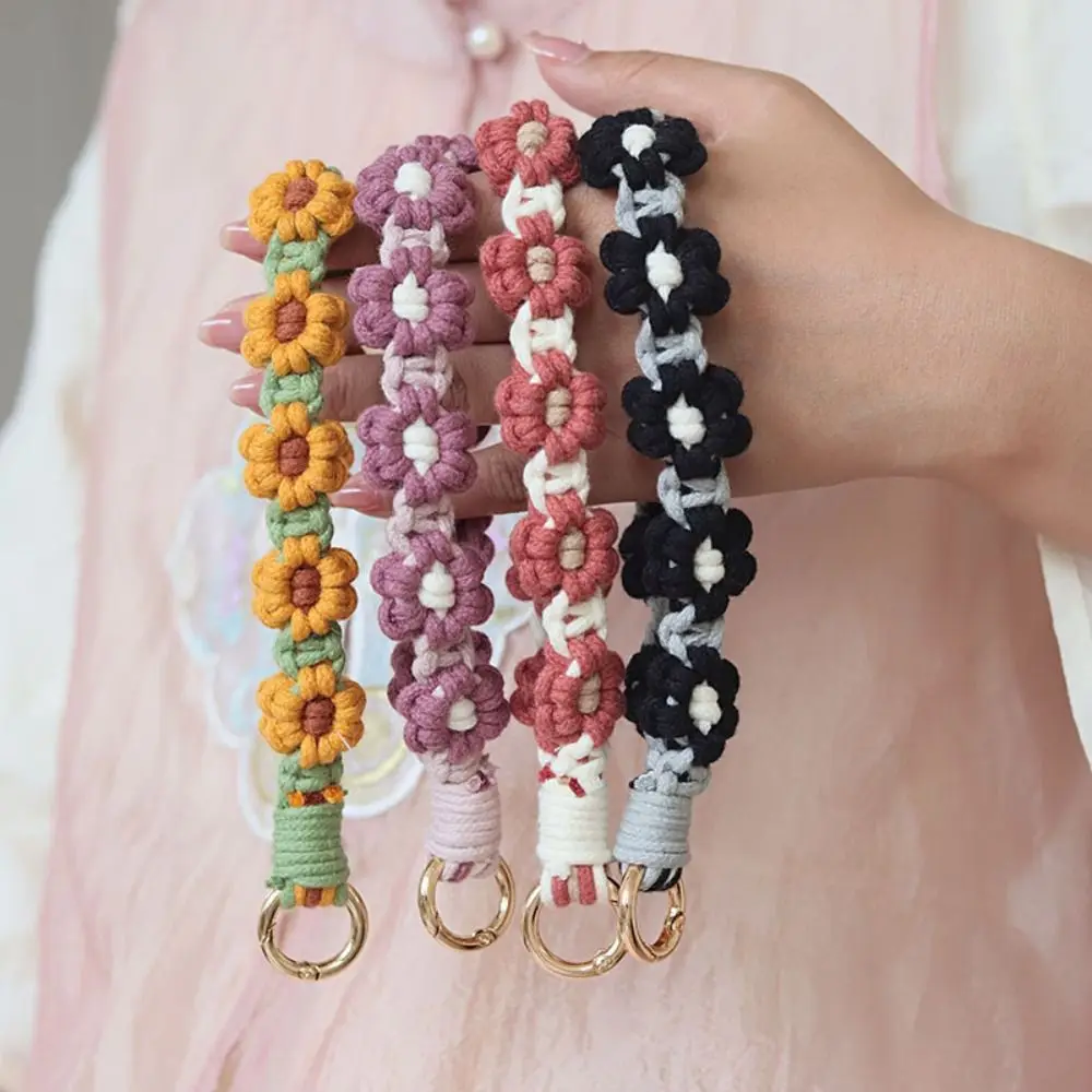 Korean Style Boho Phone Case Rope Phone Wristband Bag Hanging Weave Daisy Flower Keychain DIY Craft Accessories Keyring