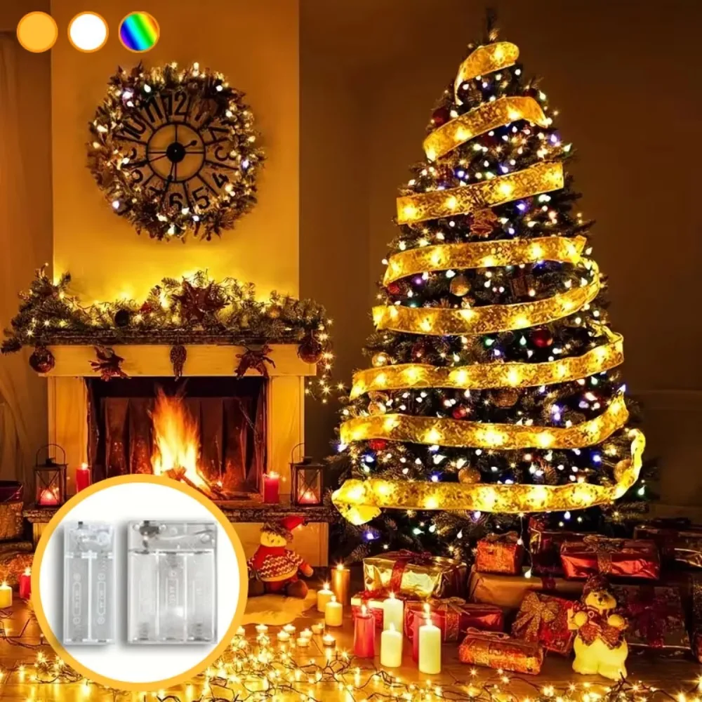 Battery Operated LED Ribbon Garland Lights 3 Colors for Christmas Fireplace Wedding Bedroom Holiday Festive Room Window Decor