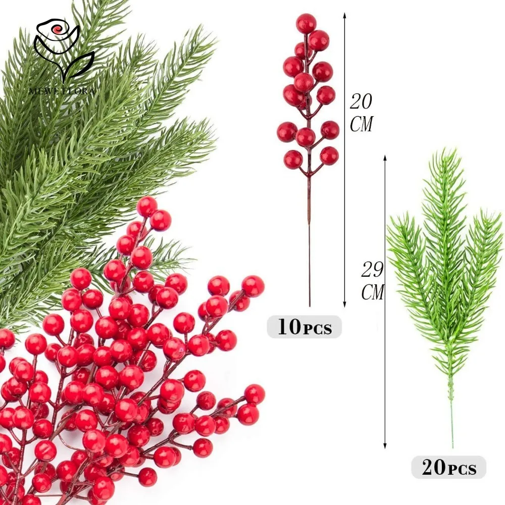 30Pcs/Set Christmas Artificial Pine Needles Branch Winter Berry Red Winterberry Xmas Tree Decor Accessories Faux Garland Wreath