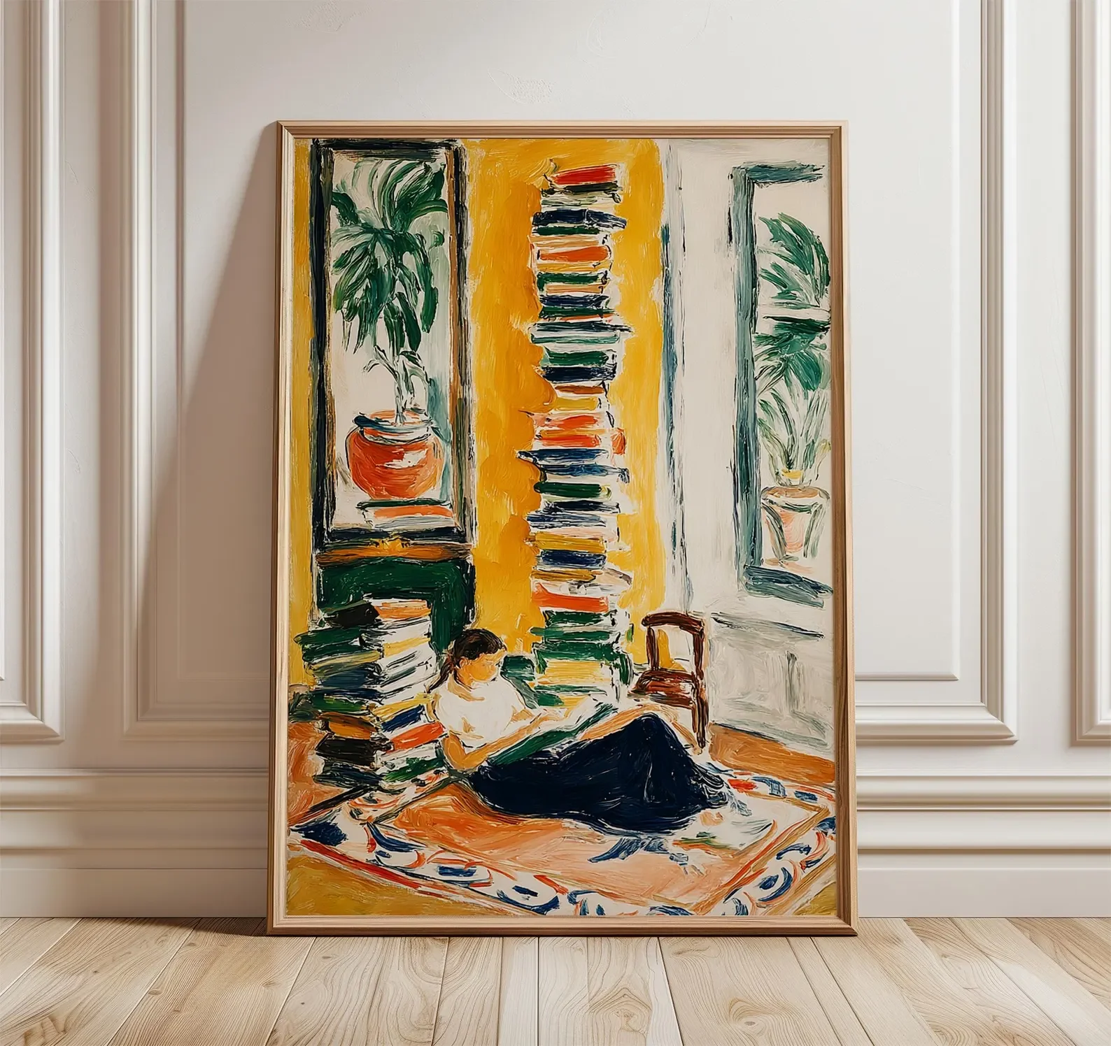 Mulher lendo à janela cartaz, amante de livro aconchegante arte da parede, pintura interior amarela quente, decoração moderna impressionista casa