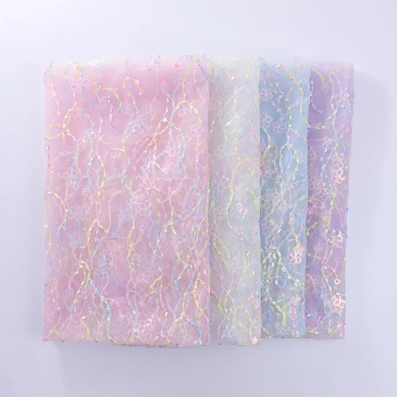 91x130CM Per Yard Colorful Rope Sequine Lace Embroidered Printed Net Fabric DIY Clothes Wedding Dress Tutu Skirt Curtain