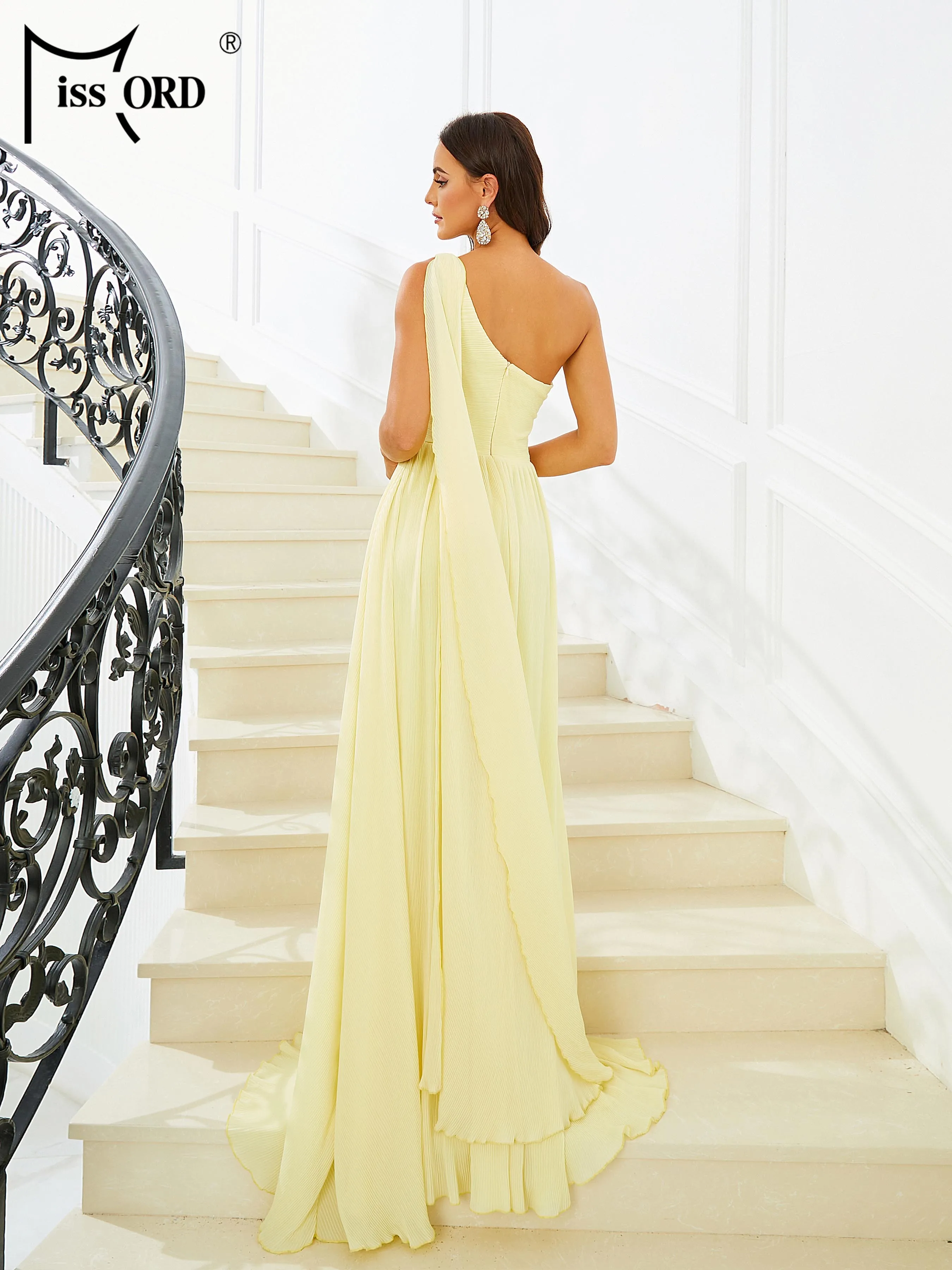 Missord Elegant Yellow Evening Dress Women One Shoulder Long Sleeve Cutout Loose Thigh Split A-line Party Prom Dresses Long Gown