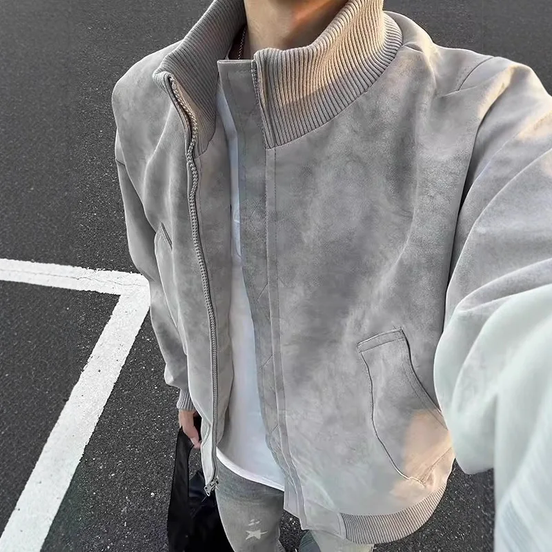 

Style Stand Collar Tough Guy Flight Men's Autumn Heavy Tie-Dye Leather Trendy Brand Bomber Baseball Jacket