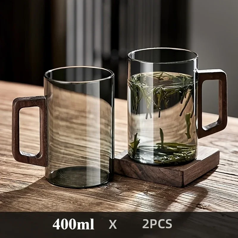 2pcs 400ml Glass Cups with Walnut Handle Household Heat-resistant Mug Large Capacity Tea Making Cup Office Drinking Glasses