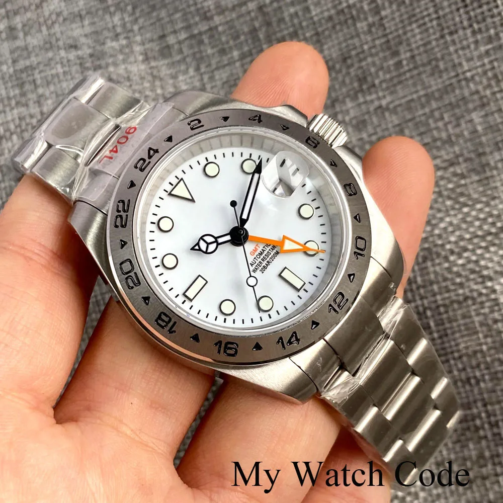 Explore Dual Time NH34 Orange GMT Mechanical Watch for Men Fixed Steel Bezel White Business Clock Sapphire Date 904L Bracelet