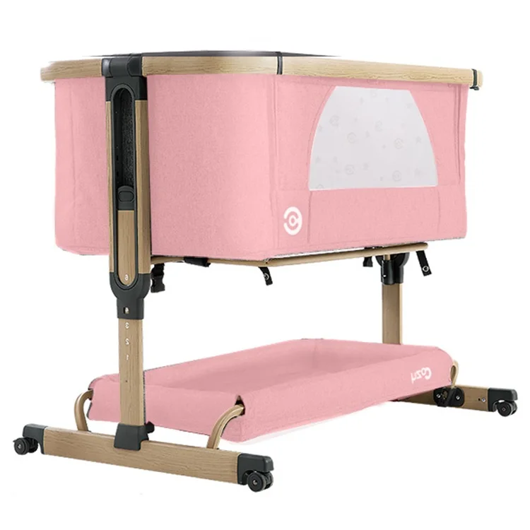 Portable folding crib adjusted by cradle height removable bedside bed