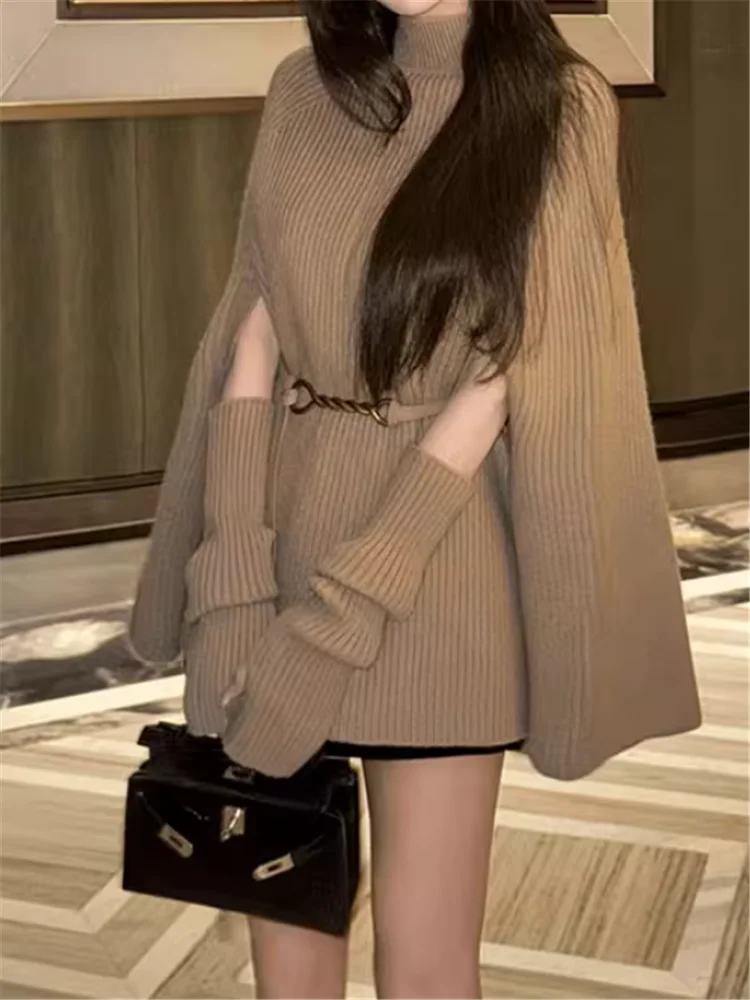 

Пуловер с высоким воротом во французском стиле, свитер-накидка, женская водолазка, вязаный свободный плащ с рукавами «летучая мышь», ленивый стиль, черный, белый джемпер