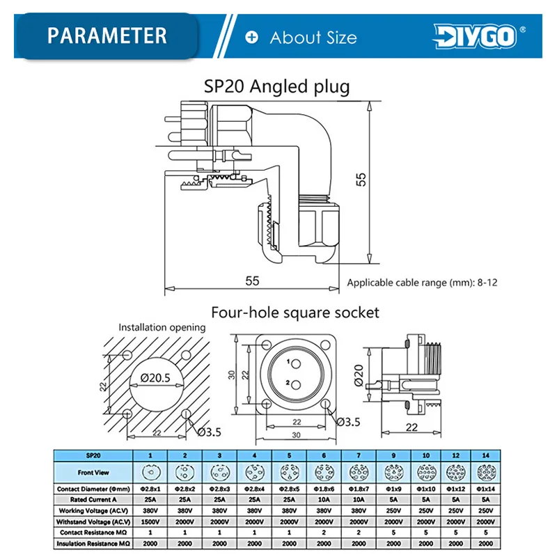 SP20 IP68 Waterproof Connector Elbow Square 4 holes Panel Male Female Plug Socket welding Wire Cable Aviation Connector DIY GO