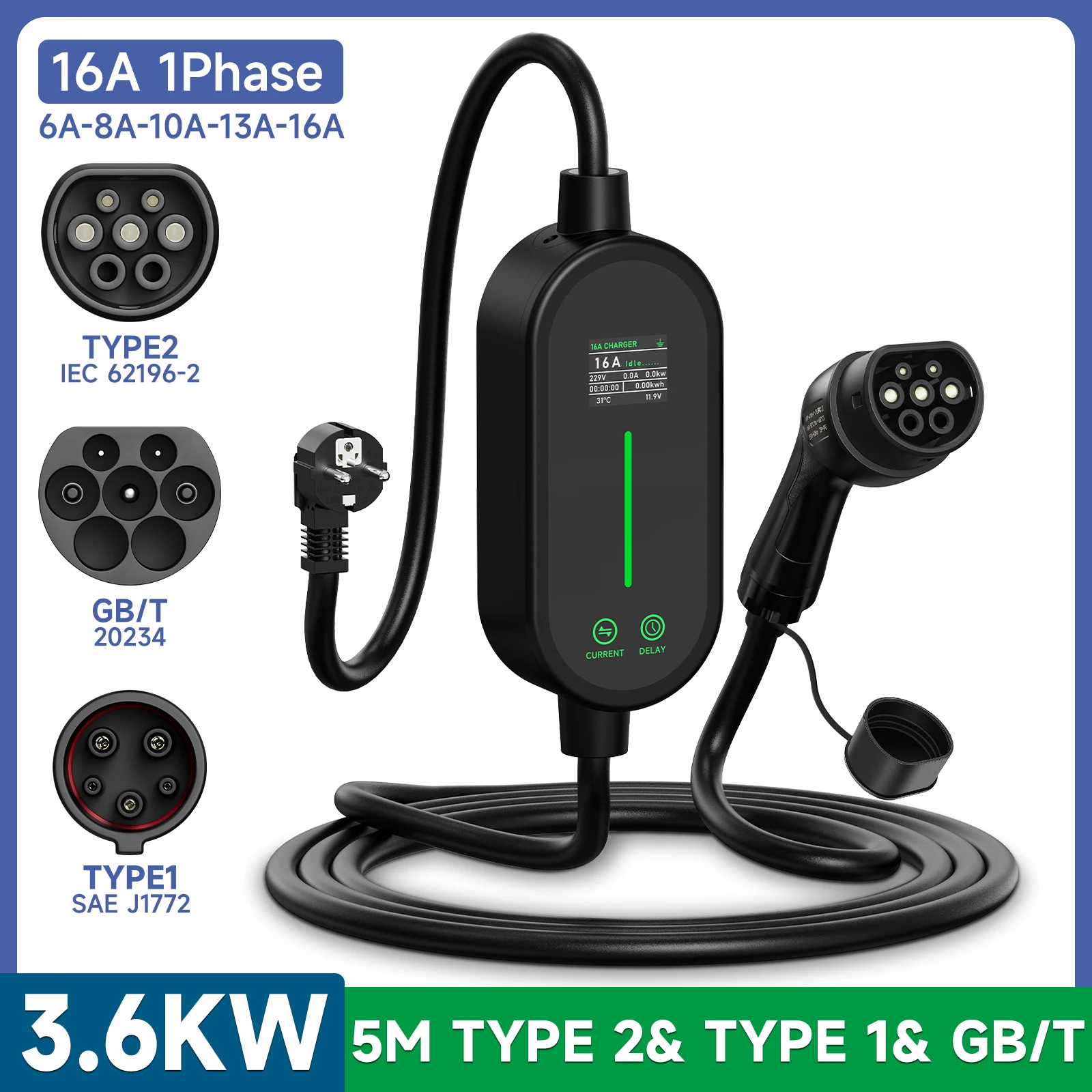 AFEEV 3.5KW Portable EV Charger Type2 16A EVSE Wallbox GBT Type1 J1772 Adapter for Electric Vehicle Car Charger