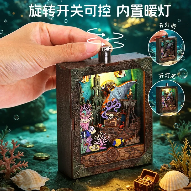 Wooden Assembly Starry Night Ocean Secret Realm Miniature Scene Refrigerator Sticker 3D Puzzle with Light Desktop Creative Mode
