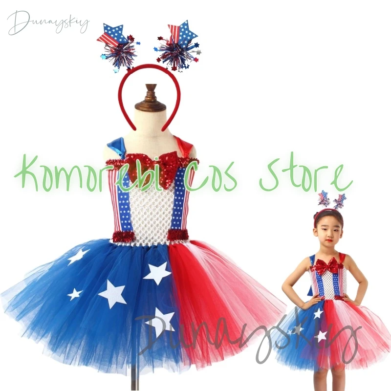 

USA American Flag Cosplay Costume Girls Tutu Dress Sequin Bow Independence Day Stars Carnival Holiday Outfit Patriotic Halloween
