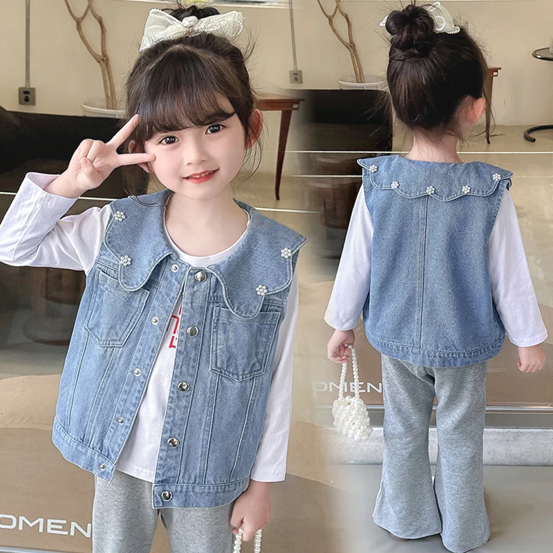 

Kids Child Casual Peter Pan Collar Denim Vest Unisex Boy Girl Sleeveless Jacket with Pearls Baby Luxury Waistcoat Outfit Age 2-9