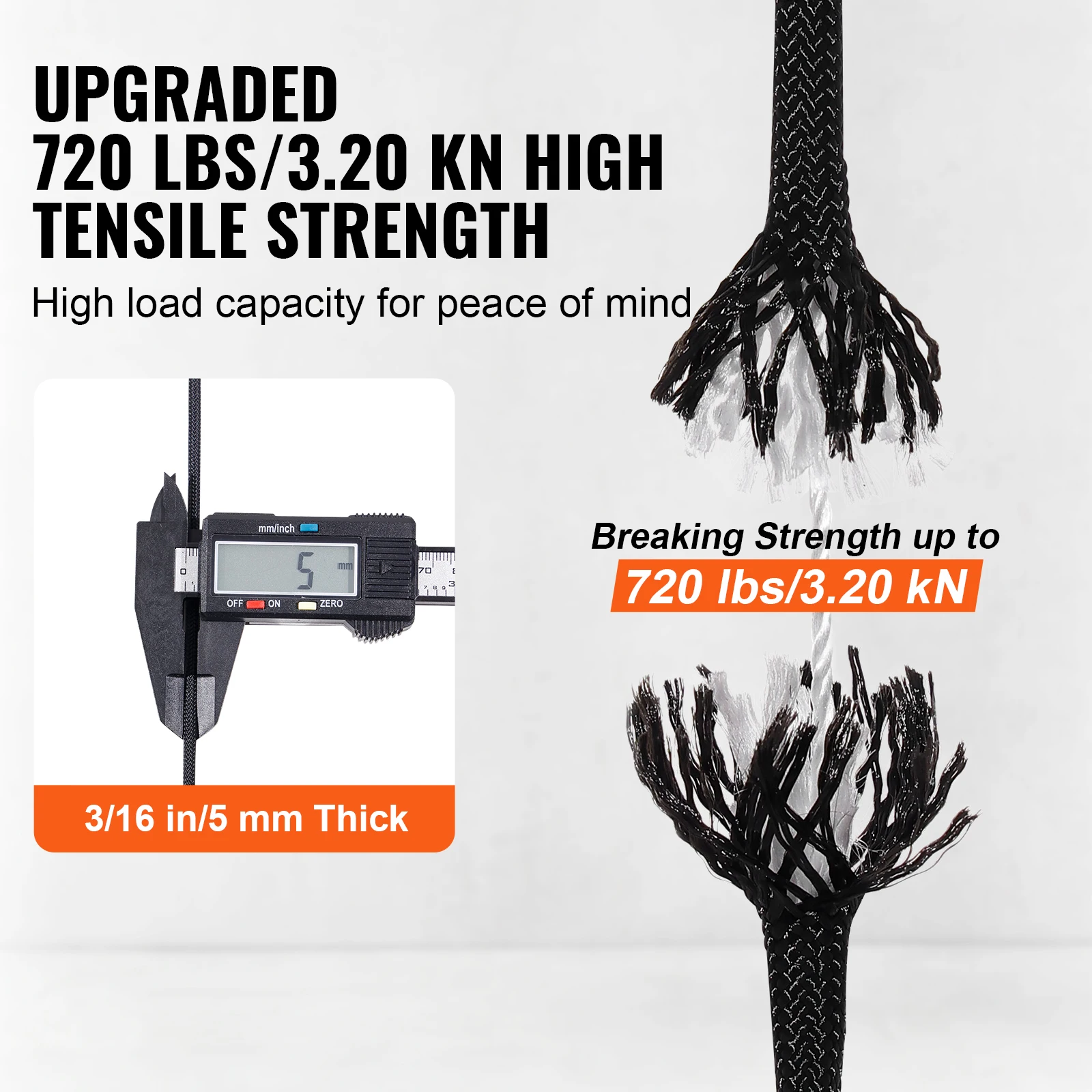 VEVOR Cuerda de Nailon Trenzado Negro, 5 mm x 304,8 m, 32 ​​hebras, 3,20 kN de Resistencia a la Rotura Cuerda de Escalada al Aire Libre para Senderismo en Roca, Camping, Columpio, Rescate en Rápel