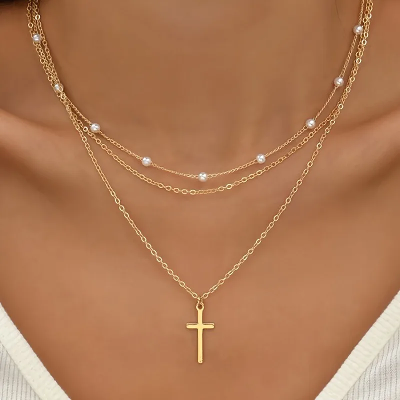 Fashionable Pearl Collarbone Chain with Multiple Layers of Cross Shaped Pendant, Layered Women's Necklace Accessories