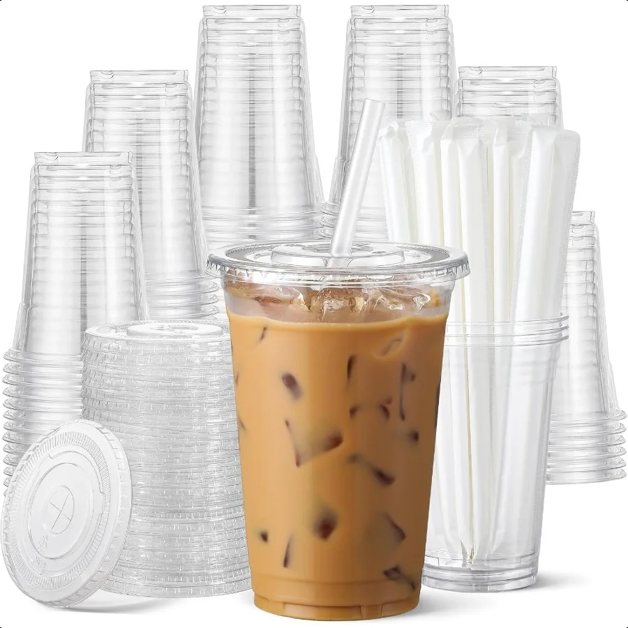 

100 Pack 16 oz Clear Plastic Cups with Lids and Straws Food Safe Iced Coffee Cups for Cold Beverages Smoothies Iced Coffee Lea
