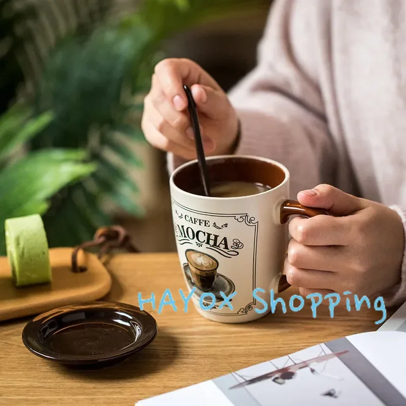 Tasse rétro en céramique avec cuillère, tasse isolée de grande capacité, tasse mignonne pour le petit-déjeuner, céréales, lait, démontrent d'avoine, 03 ménage