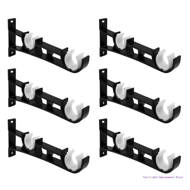 

C63E Set of 6 Black Double Curtain Rods Holders Strong Wall Brackets for 25mm Poles Drapery Rods Hangers Curtain Track Hook