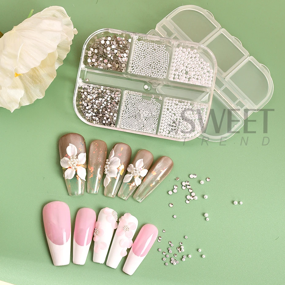 6 Siatka 3D Nail Art Rhinestones White Round Pearl Nail Decoration Charm Steel Beads Gem Stones Biżuteria Części do paznokci Akcesoria