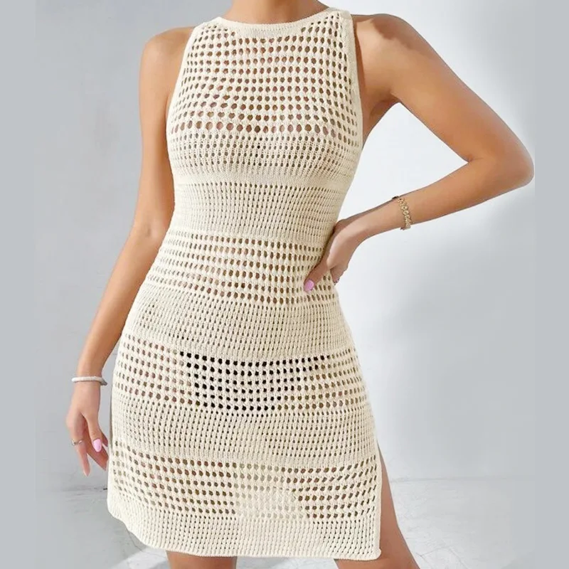 

Women Bikini Cover-Ups Elegant Beach Knitted Backless Dress Swimwear Crochet Sheer Swimwear Cover Up Vacation Bodycon Beachwear