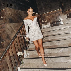 Xijun Sexy Off Shoulder Full Lace Mini Short Wedding Party Dresses Long Sleeves Mini Bridal Gowns Robe de mariage Prom Dresses