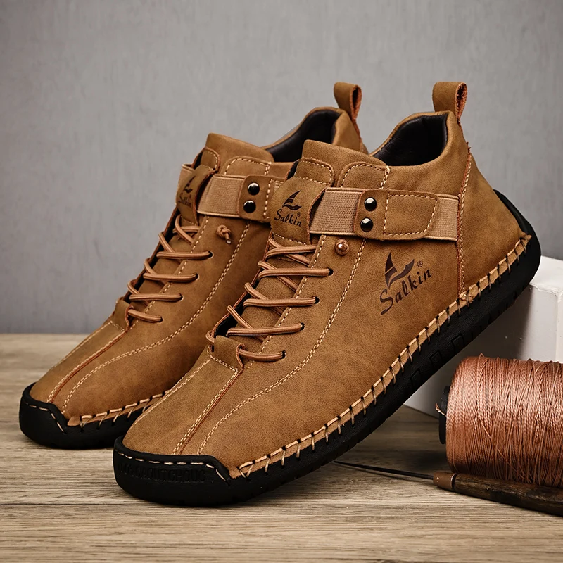 

2025 New Men's high top casual shoes Outdoor men's leather shoes casual high top large size handmade shoes men's hiking shoes