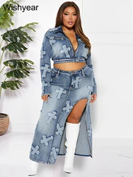 Women Long Sleeve Zipper Jackets Crop Tops and Side Split Maxi Pencil Skirts Two Piece Skirt Set Tassel Embroidery Denim Suits