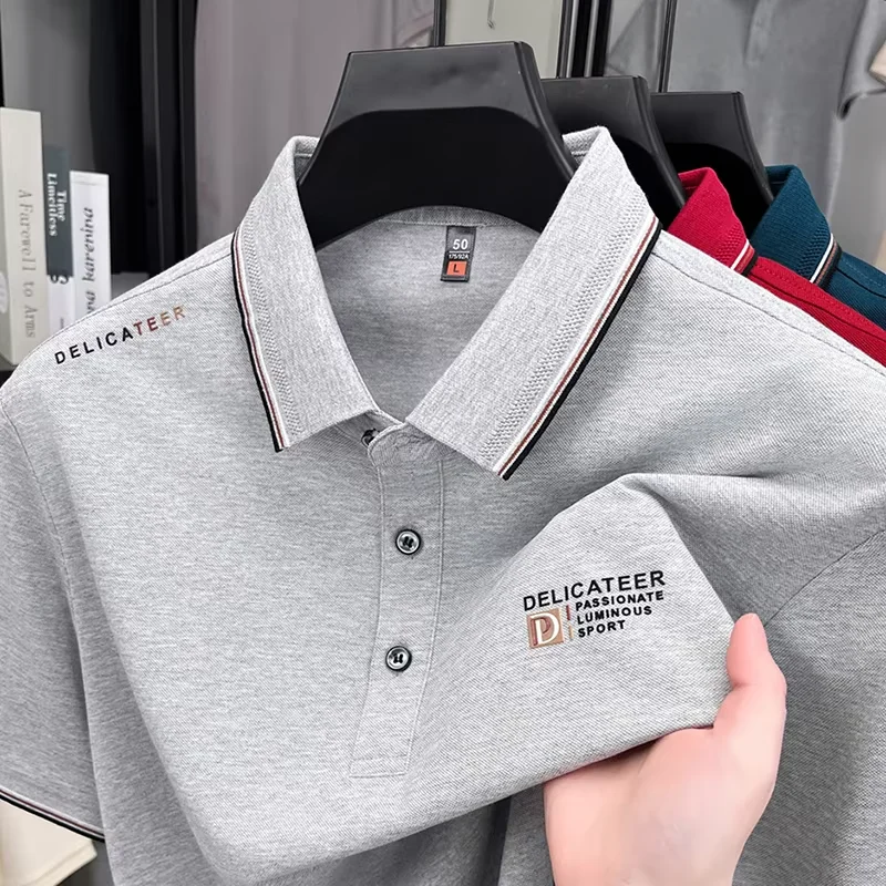 

Advanced silk cotton fashion brand men's short sleeve polo shirt new style embossed lightweight comfort business casual T-shirt