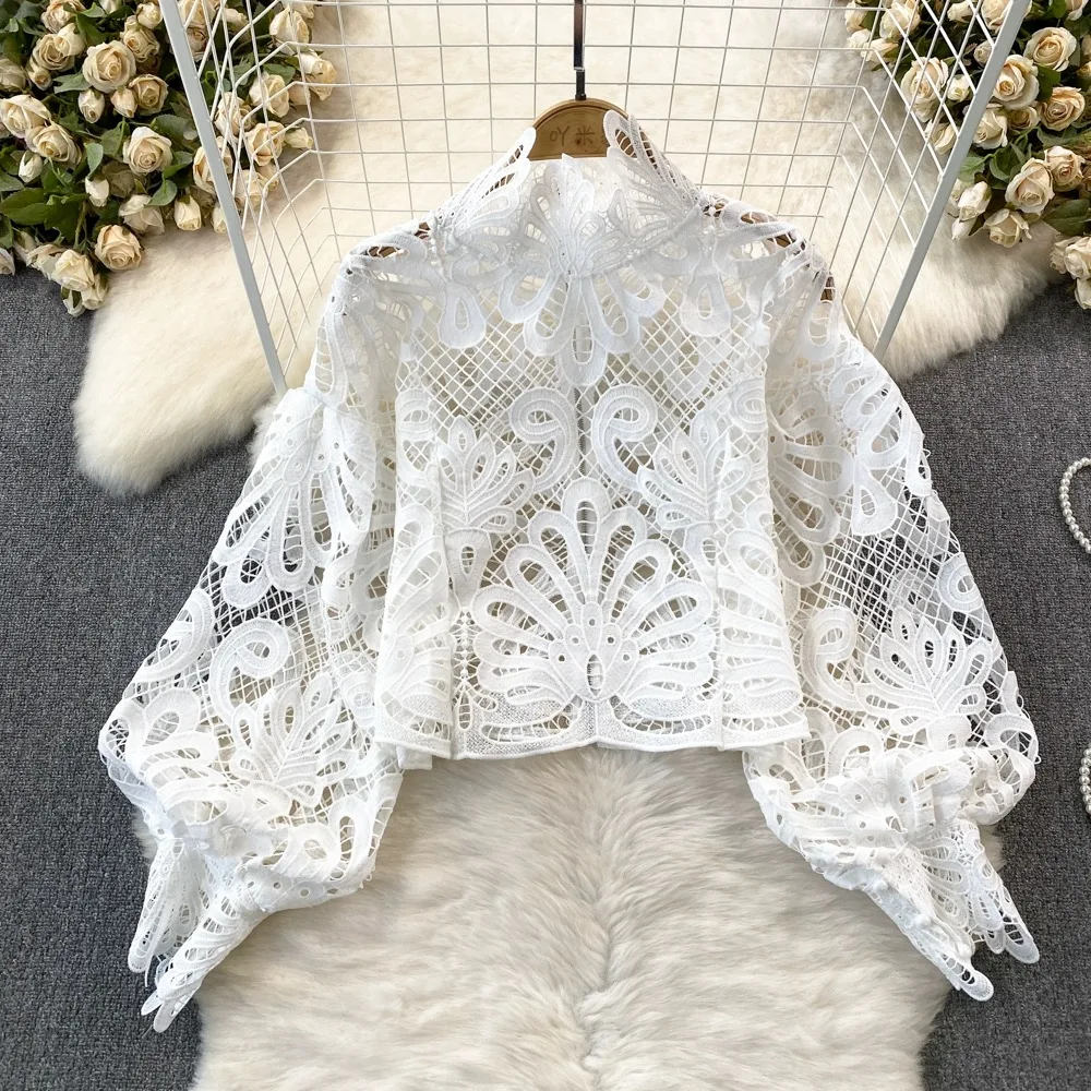 Lace Hollow Out Zipper Lady Blouse French Elegant Luxury Design Tops Lantern Sleeve Shirts Stand Collar Vintage Palace Party Top