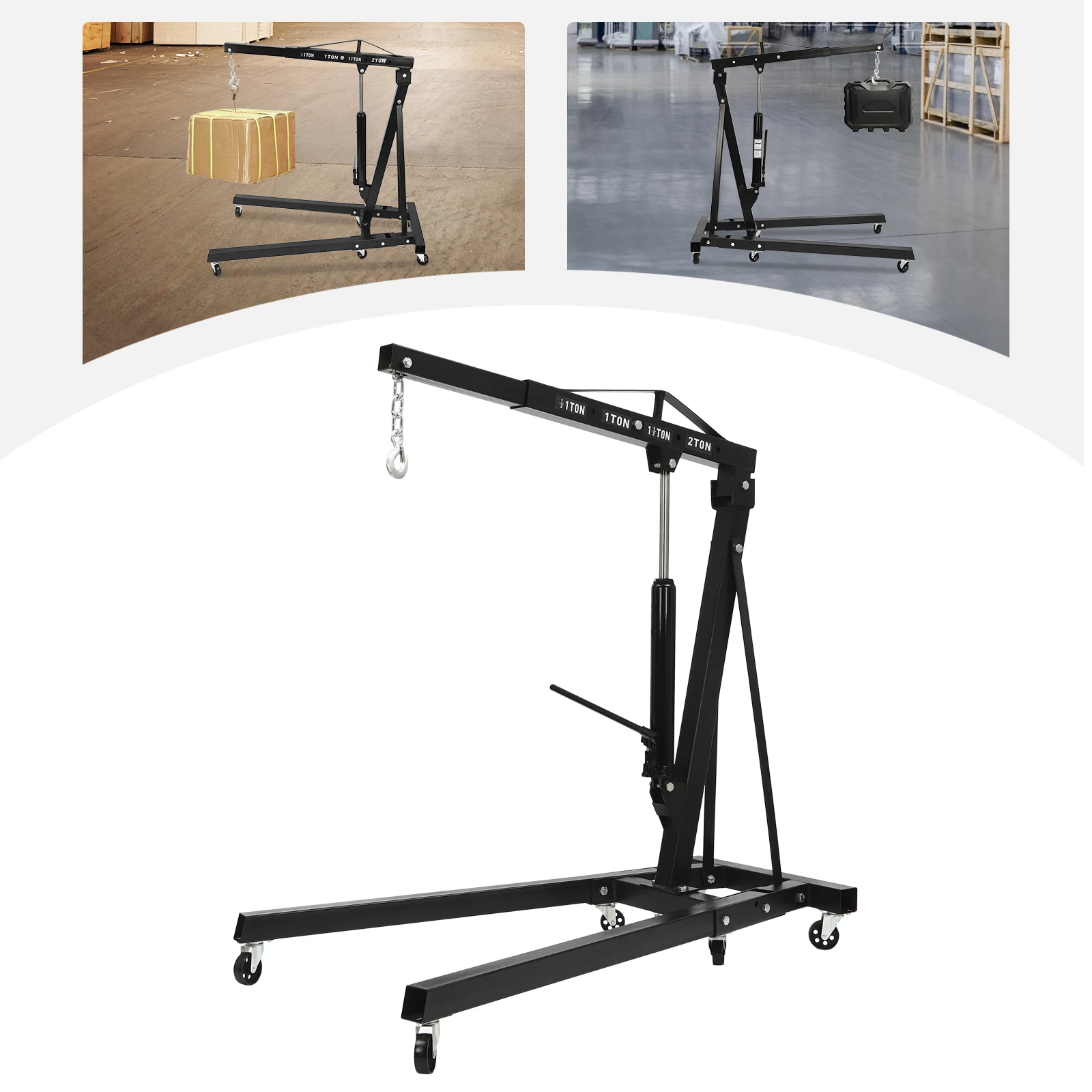 รอกเครื่องยนต์แบบพับได้ความจุ 2T, ตําแหน่งการยกที่ปรับได้, กระบอกไฮดรอลิก 8T, โครงเหล็กคาร์บอน, หกล้อสําหรับ E