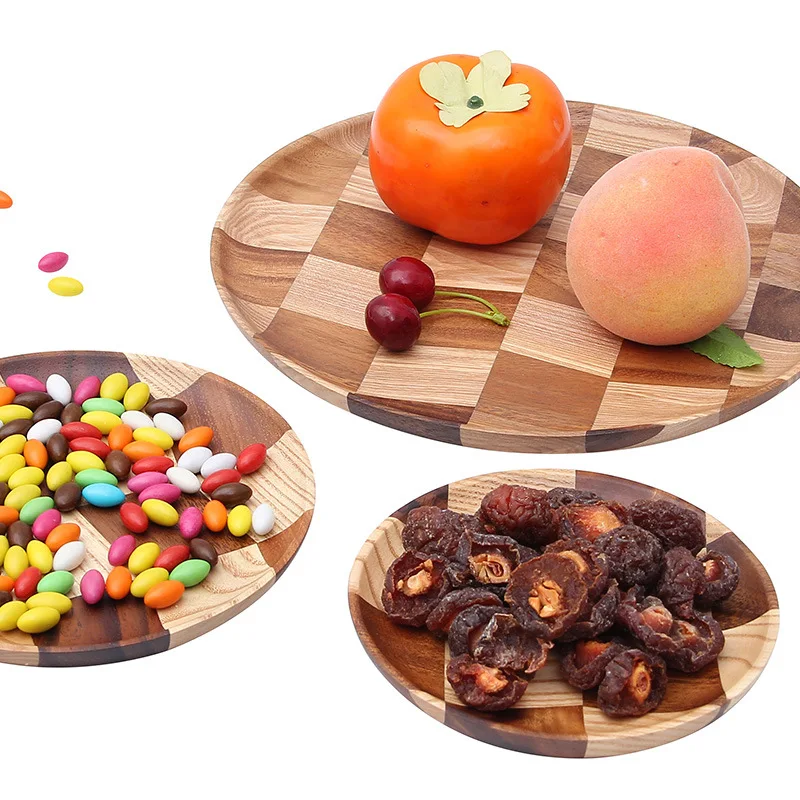 

HeMu Creative Wooden Tray Round Dinner Plate Household Fruit Cake Dim Sum Plate Combination Color Wooden Plate