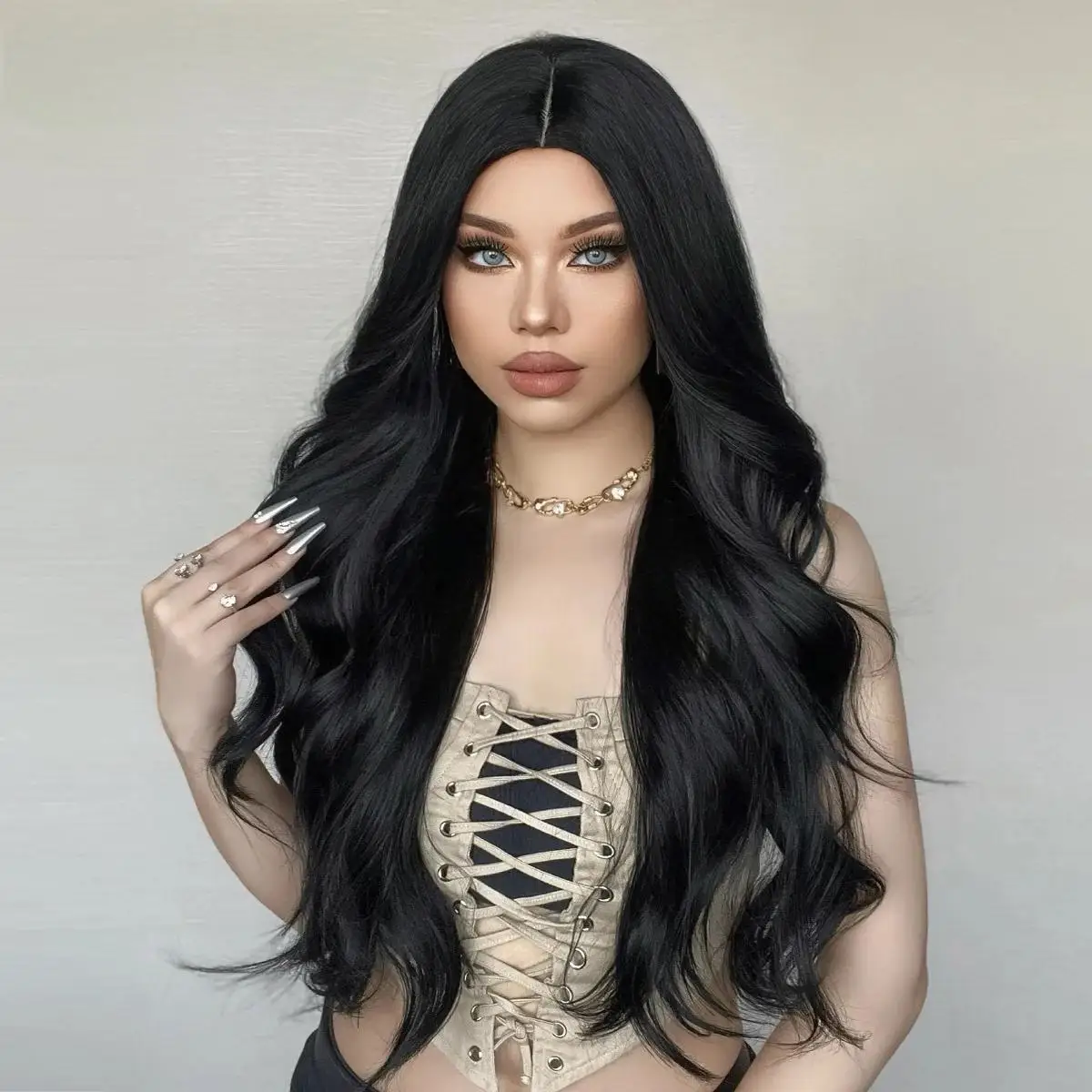 Black Long Wavy Synthetic Wig Natural Black Body Wave Wigs for Women Afro Cosplay Daily Hair Middle Part Heat Resistant image 3