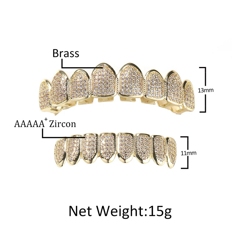 Hip Hop Bling Iced Out 5A+ CZ Stone Flat Teeth Grillzs for Men Women Halloween Rapper Jewelry Gold Silver Color