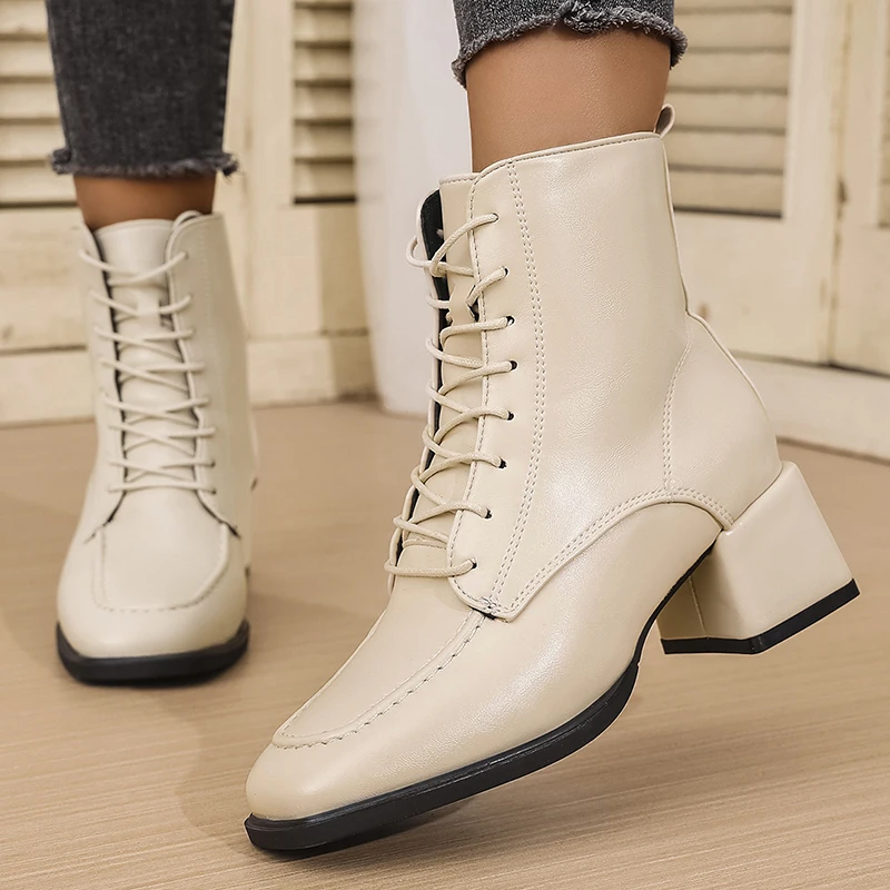 New All-Match Thick Heel Boots for Women British Style Square Toe Lace Up Boots Woman Comfortable Mid-Heel Plus Size Botsa Lady