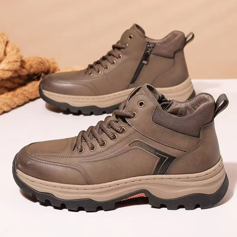 

Men's Genuine Leather Ankle Work Boots Autumn Winter New Thick Sole Non Slip Waterproof Plush Keep Warm Lace Up Cotton Boots